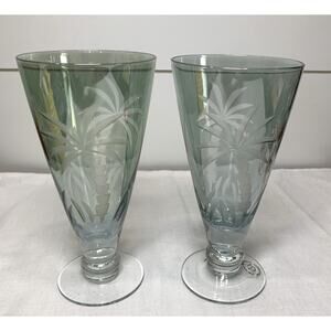 2 Lenox British Colonial Green Iced Tea Glasses Etched Palm Trees Retired